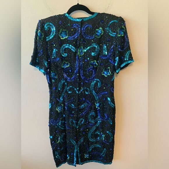 Sténay Vintage blue silk sequin/ beaded sheath dress size L - Picture 2 of 12